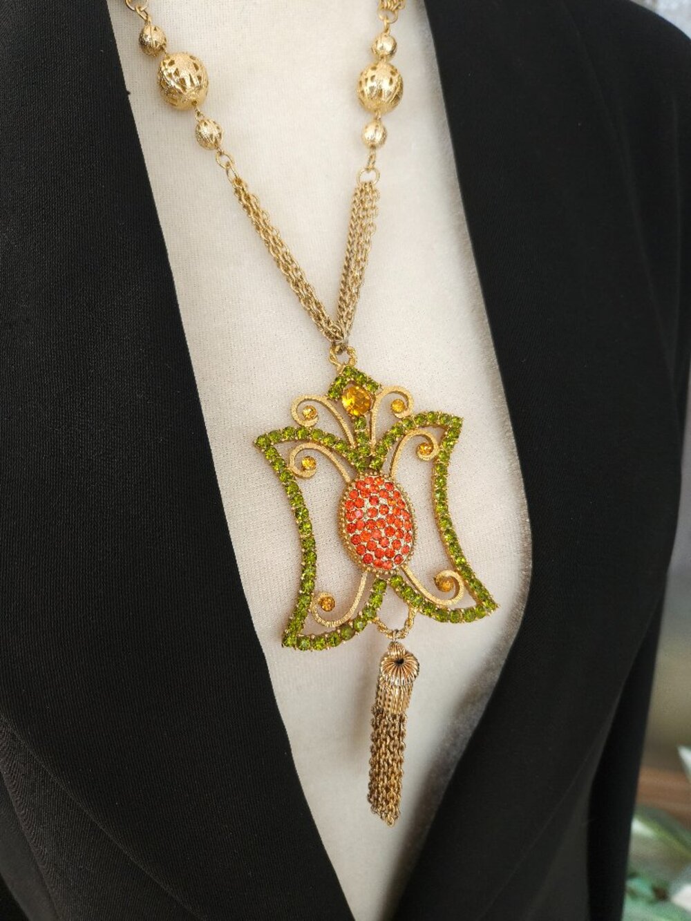 Vintage Dodds Rhinestone Pendant Tassel Necklace